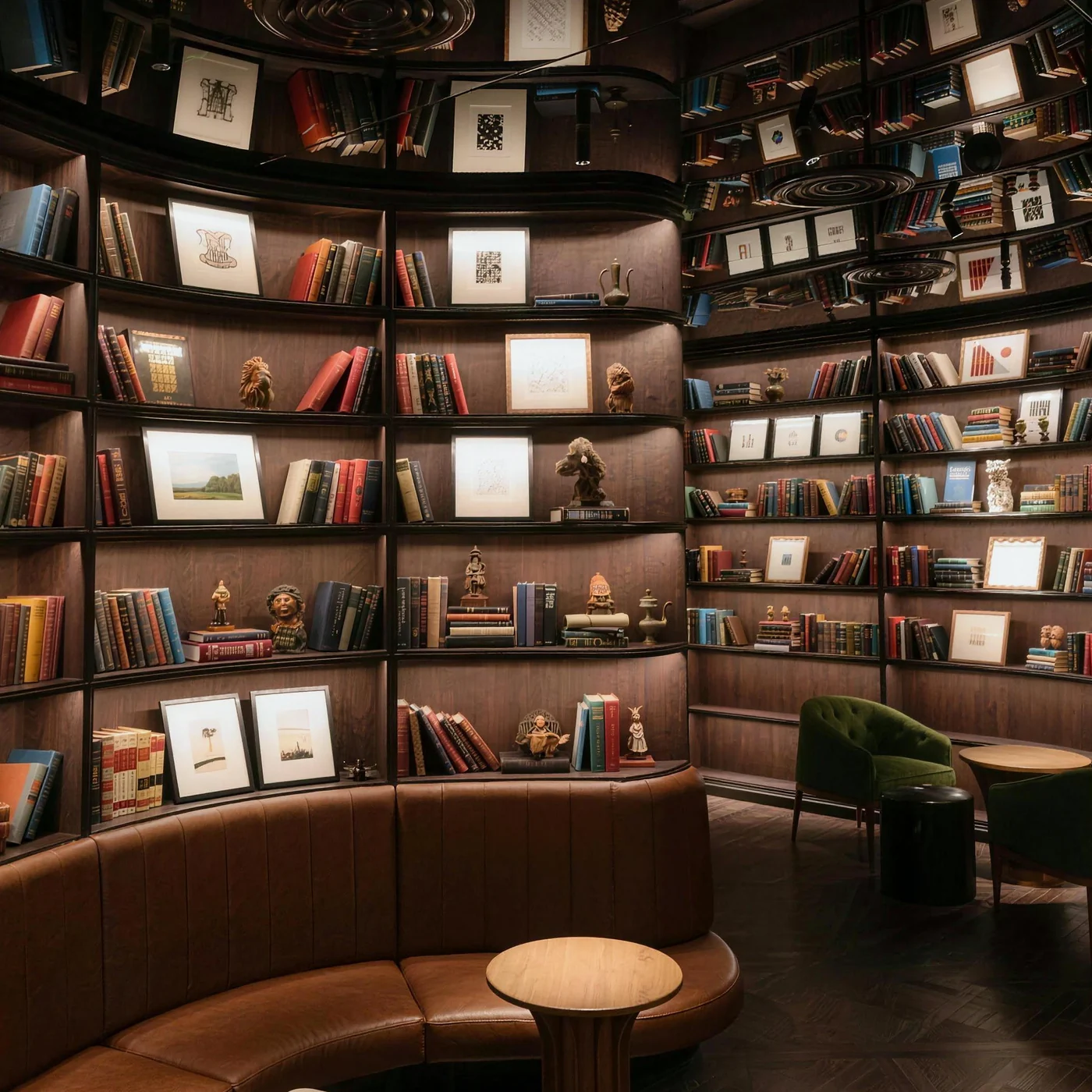 Circular library lounge lined with books and framed art, curved leather banquette and herringbone floor